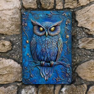 Blue Owl Metal Sign – Celestial Owl Wall Art – Mystical Nocturnal Decor 8×12