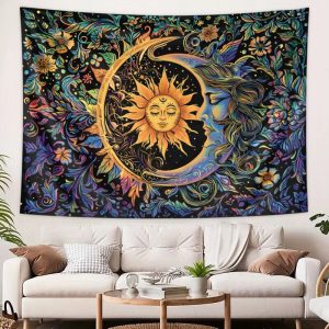 Sun and Moon Tapestry Psychedelic Mystic Floral Tapestry Wall Hanging Decor