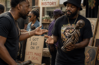 Two men negotiate over a carved sculpture at an art market displaying handmade crafts, beadwork, and paintings